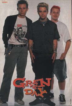 two men standing next to each other in front of a white background with the words gren day on it