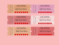 three valentine's day coupons with hearts on them