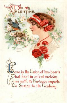 an old valentine's day card with a woman holding flowers and a bird on it