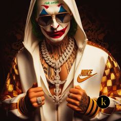 a man with tattoos and makeup on his face is wearing a white mask, hoodie and gold bracelets