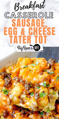 an egg and cheese tater tot casserole in a white dish with text overlay