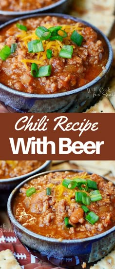 chili recipe with beer and cheese in a bowl