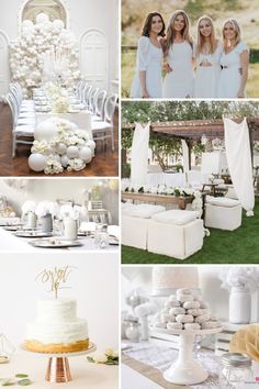 white wedding decorations and desserts are featured in this collage