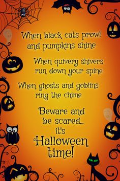 an orange halloween card with black cats and pumpkins on the front, and words that say