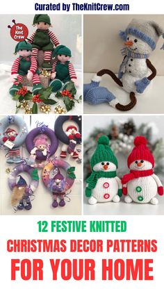 twelve festive knitted christmas decor patterns for your home, including snowmen and wreaths