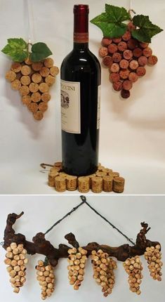 wine bottles and corks are hanging on the wall next to a bunch of grapes