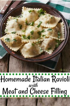 homemade italian ravioli with meat and cheese filling in a bowl on a wooden table