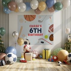 a room filled with lots of balloons and presents under a banner that says chase's 6th birthday