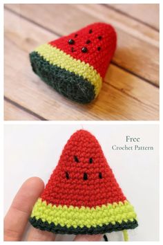 crocheted watermelon slice is shown in two different colors