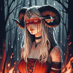 a woman with long hair and horns standing in front of a forest filled with fire