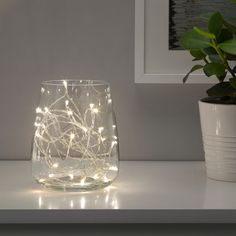 a clear glass with white lights on it sitting on a table next to a potted plant