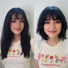 Long Black Hair to Bob with Bangs Makeover Bob Hair With Wispy Bangs, Black Hair Bob With Bangs, Bob With Bangs Black Hair, Short Black Bob With Bangs, Blond Highlights Bob, Black Bob With Bangs, Partial Blonde, Short Black Hair With Bangs, Bob With Full Bangs