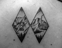 the back of a man's neck with two mountains and a cabin on it