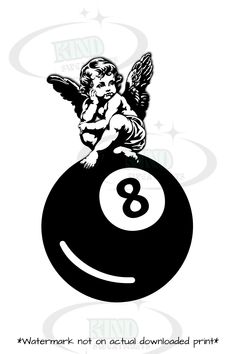 an angel sitting on top of a pool ball with the number eight in it's center