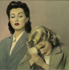 two women are looking at each other while one is brushing her hair and the other has her eyes closed