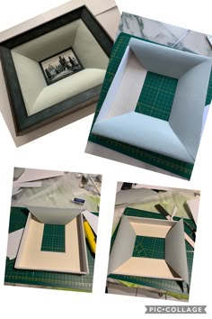 four different views of the inside of an origami box with pictures in it