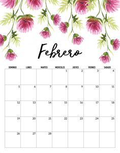 a calendar with pink flowers and the word february on it in black ink, surrounded by green leaves