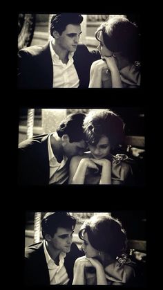 two pictures of a man and woman in black and white, one is kissing the other