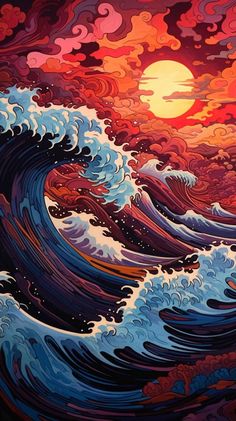 a painting of waves with the sun in the background and clouds above it, as if they were painted on canvas