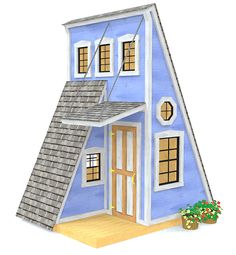 a drawing of a blue house with a gray roof