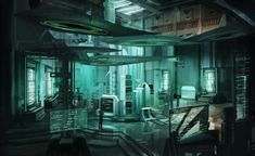 a sci - fi room with green lights and lots of windows is shown in this image