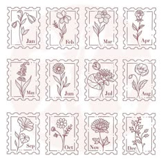 stamps with flowers on them and the names of each stamp