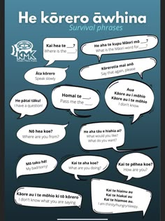 a poster with several speech bubbles in different languages and the words he korero awhinea survival phrases