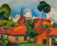 a painting of houses and trees on a hill