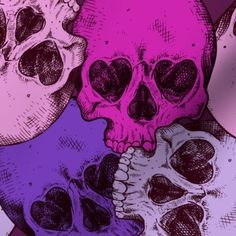 two skulls with hearts on their heads are shown in purple and pink colors, as well as an illustration of the skull