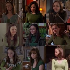 many different pictures of women in green sweaters and one woman with long brown hair