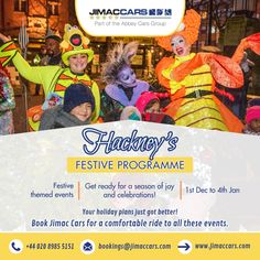 an advertisement for the holiday festive program with people dressed as clowns in costumes