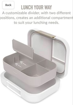 an open lunch box with two different compartments on the bottom and inside, sitting in front of a white background