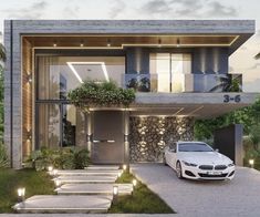 a white car parked in front of a modern house with stairs leading up to it