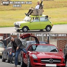 two pictures one with a car and the other has a man on top of it