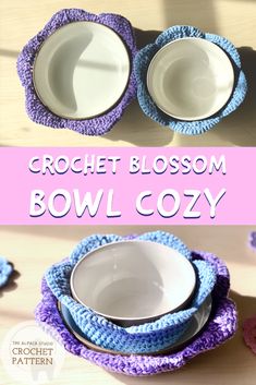 crochet blossom bowl cozy pattern with two bowls in the middle and one on top