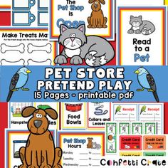 the pet store pretend play printable book is shown with pictures of dogs and cats