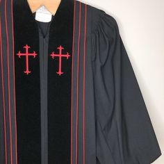 Has Previous Owners Name Written On Label. See Photos Robe Is In Great Condition. Clergy Robes For Men Pastor Church, Mens Clergy Robes, Luxury Embroidered Red Vestments, Clergy Stoles, Velvet Trim, See Photo, Trim, Black And Red, Velvet