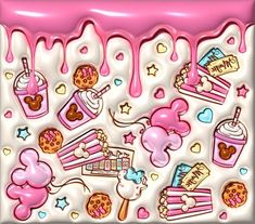 a pink and white painting with candy, cookies, milkshakes and other items on it