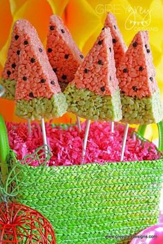 watermelon and rice krispy treats in a green basket