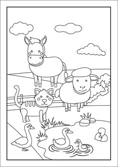 an animal coloring page with farm animals and ducks in the water, on a sunny day