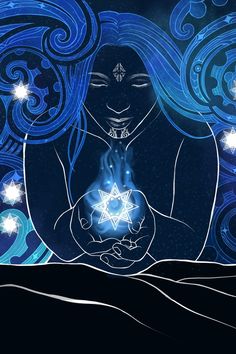 a drawing of a woman holding a star in her hands with blue swirls around her