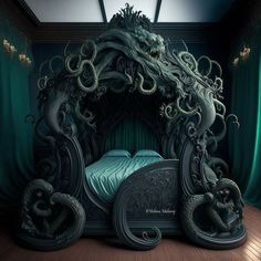 an elaborate bed in the shape of a dragon