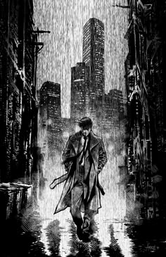 a black and white drawing of a man walking in the rain