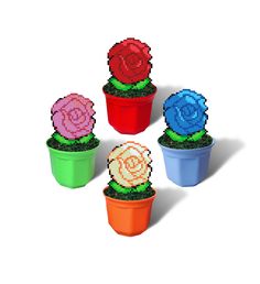 four small flower pots with different colored flowers in them on a white background and one is made out of legos