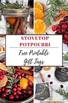 the top potpouri free printable gift tags are displayed in front of oranges, cranberries and rosemary