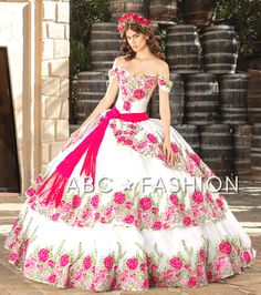 Look breathtaking in this beautiful charro quinceanera dress by Ragazza Fashion MV33-133. This beautiful long off the shoulder dress features a sweetheart bodice adorned with beaded embellishments, floral embroideries, open back, floor length A-line layered skirt with floral embroideries, sweep train, and a lace-up corset back. Designer: Morena y Esencial Collection by Ragazza 2022 Style Number: MV33-133 Colors: Ivory/Fuchsia Ragazza Fashion makes custom size dresses according to your bust, wais Long Off The Shoulder Dress, White Quinceanera Dresses, Vestido Charro, Xv Dresses, Mexican Quinceanera, Mexican Quinceanera Dresses, Charro Quinceanera Dresses, Quinceñera Dresses, Debutante Ball