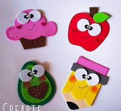 paper plate crafts made to look like apple, carrot and cupcakes with faces on them