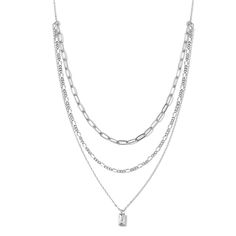 Triple layer appeal necklace - Double chains, cubic zirconia baguette pendant 15” in length (shortest chain) .38” Pendant Plated Silver Chain Necklace Aesthetic, Silver Necklace Layering, Baguette Pendant, Layered Chain Necklace, Layered Necklaces Silver, Pendant Necklace Silver, Multi Layer Necklace, Layer Necklace, Cz Pendant