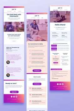 three different web pages with purple and pink colors