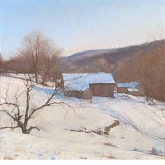 a painting of a snowy landscape with barn and trees